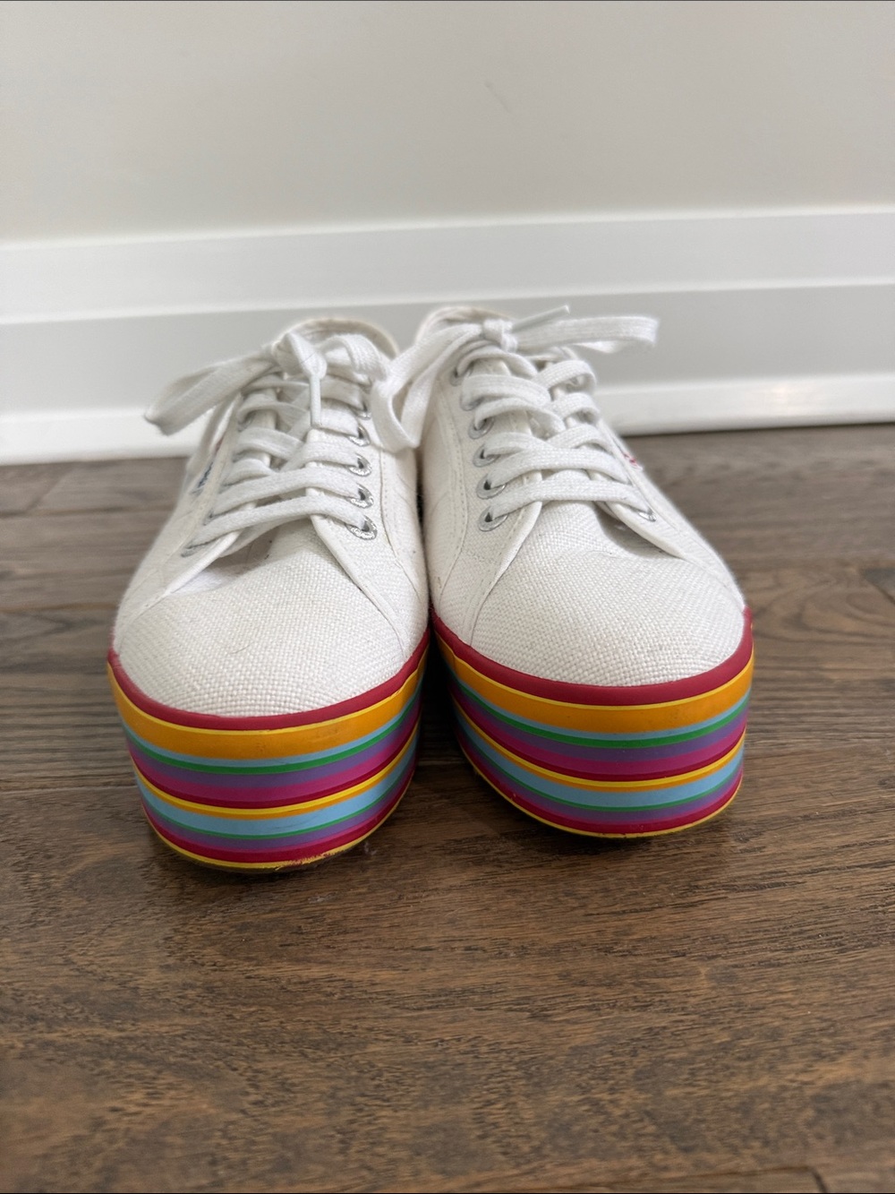 Superga White Canvas Platform Sneakers with Rainbow Stripe Sole - Picture 2 of 6